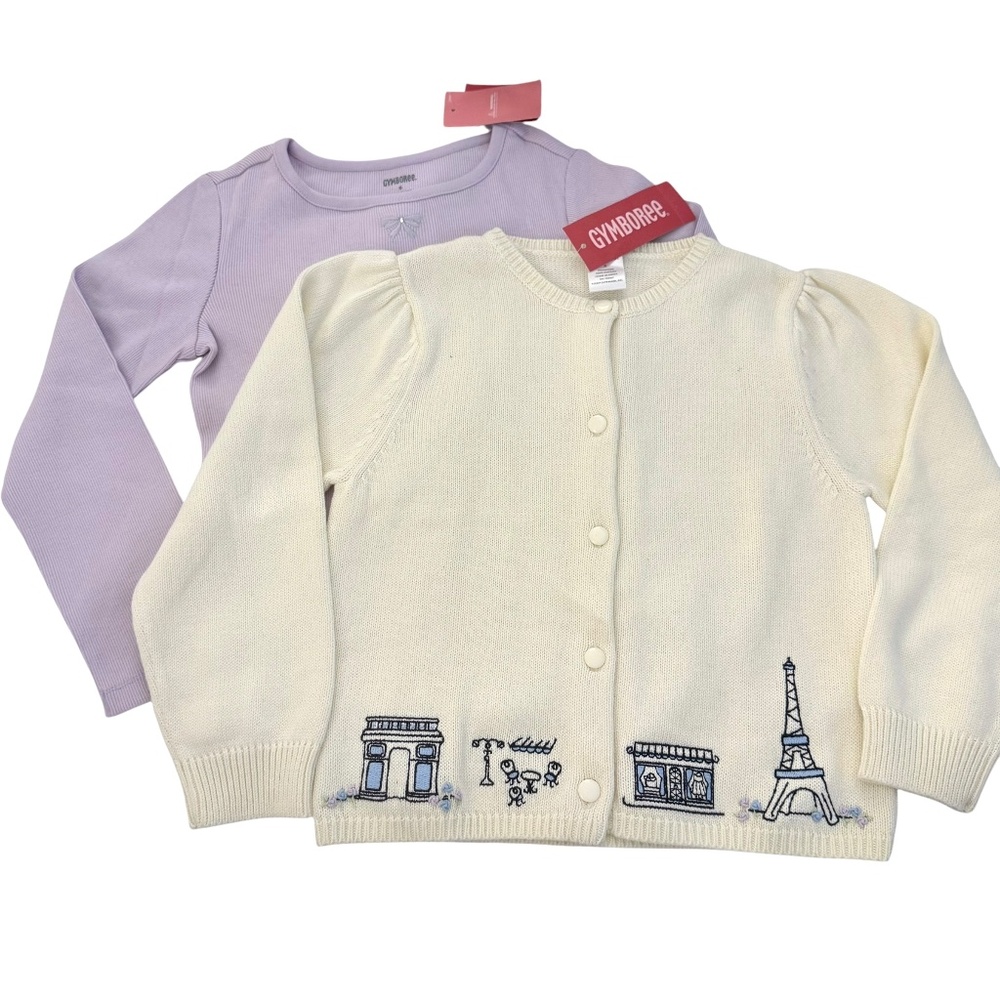 NWT Gymboree Paris Cream Cardigan & Lavender Ribbed Tee Shirt 6 Girls